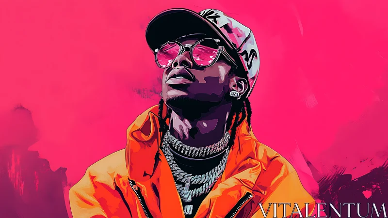 Bold neon portrait of stylish rapper in orange jacket.