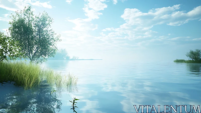 Still lake daydream lets sky and reeds quietly trade places