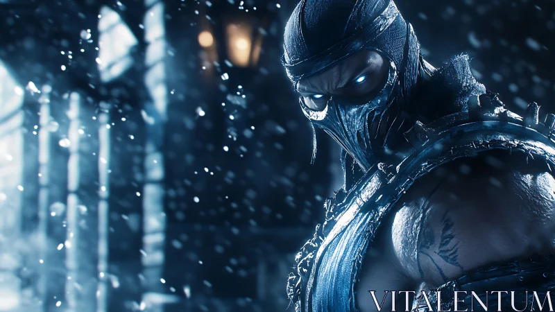 Masked armored warrior in snowy blue-lit environment.