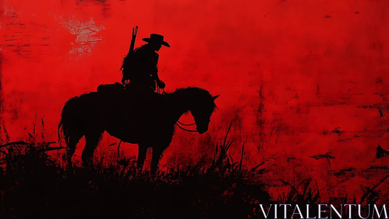 Silhouette of mounted rider against textured red backdrop.