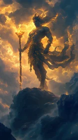 Fire crowned sky deity stands over storm forged cliffs