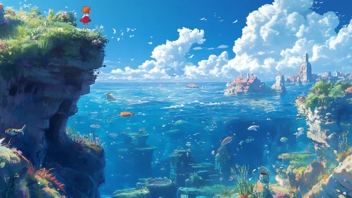 Child on coastal cliff overlooks clear ocean and distant ruins