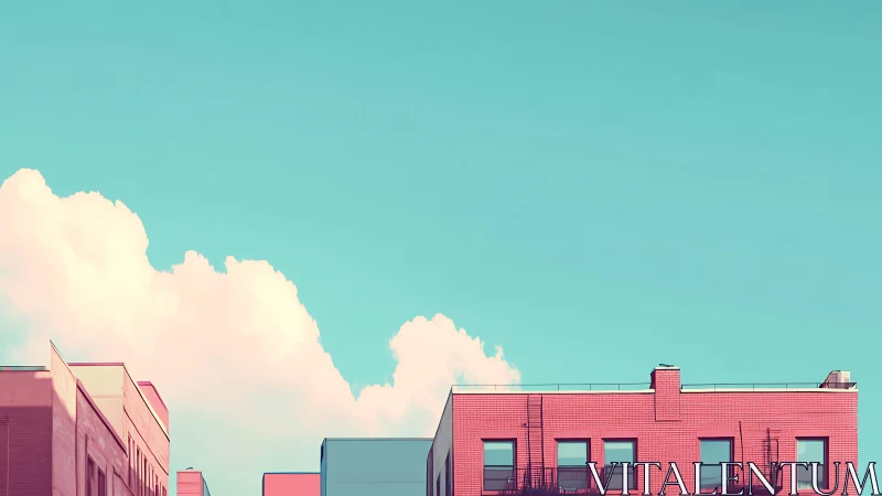 Pastel urban rooftops under bright turquoise sky.