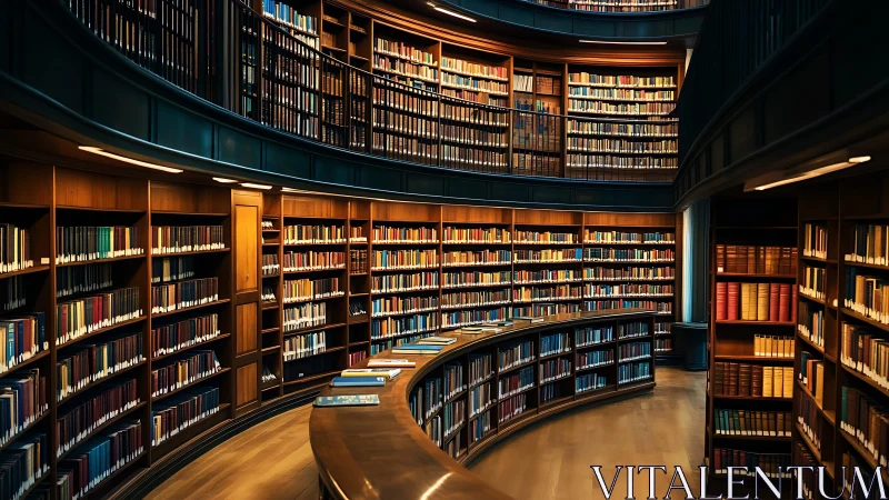 Curved multi level library interior with full wooden shelves.