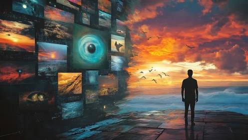 Digital horizon portal meets solitary figure at vivid seascape.