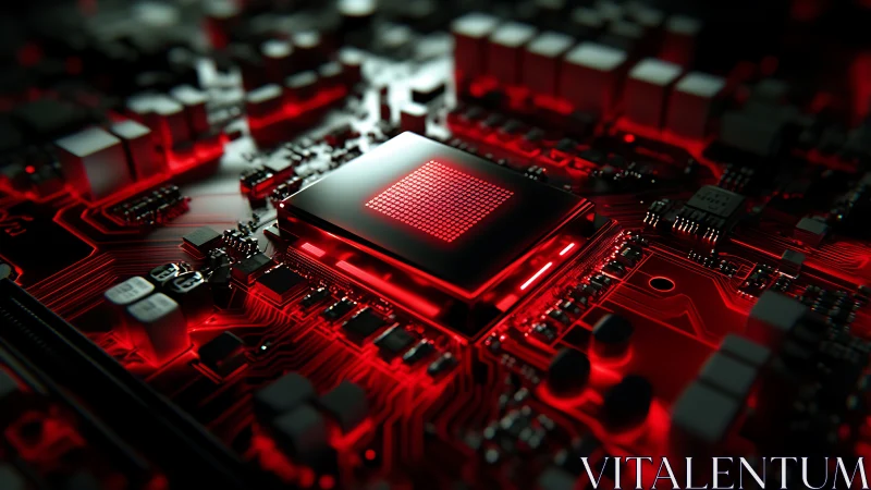 Red illuminated microchip on detailed electronic circuit board.