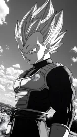 Brooding anime warrior under stark high-contrast sky.