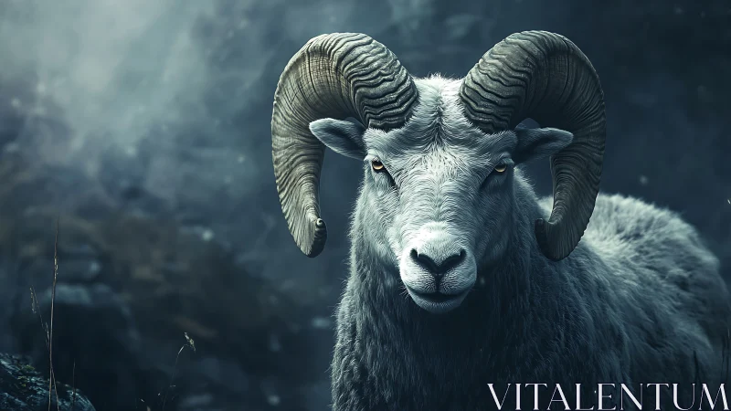 Mountain sheep with curved horns in dim rocky habitat.