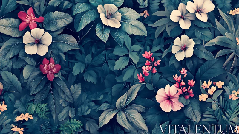 Botanical illustration depicting layered foliage with clustered floral specimens.