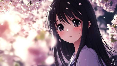 Soft spring gaze beneath drifting cherry blossoms.