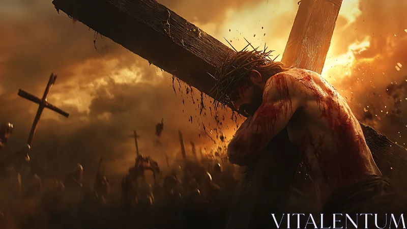 Crowned male figure carrying wooden cross in burning sky.