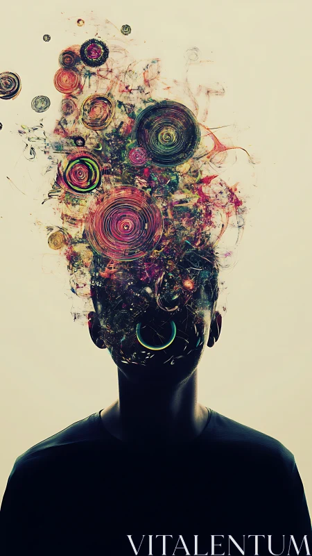 Silhouette portrait with swirling abstract colorful mindscape.
