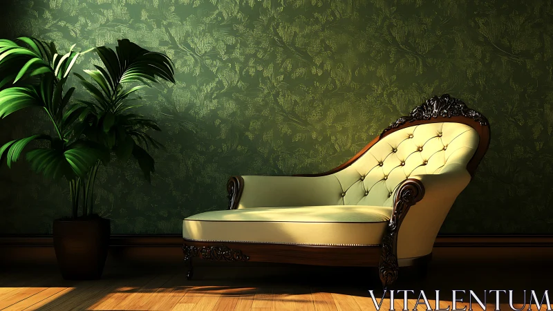 Elegant chaise lounge set against rich green wallpaper.