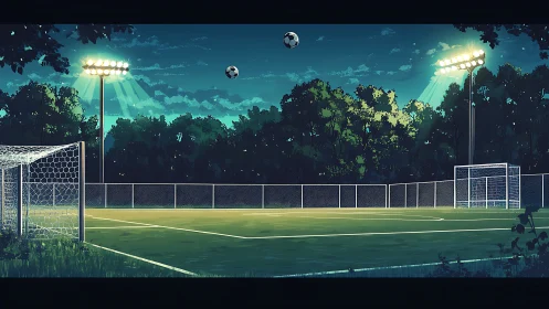 Illuminated outdoor football field displays suspended soccer balls