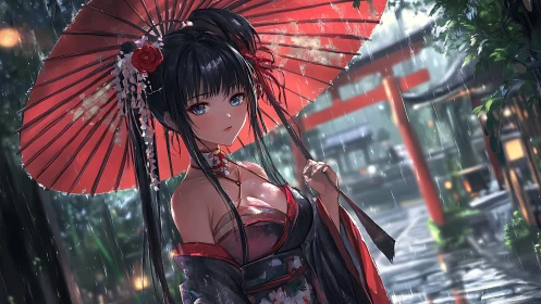 Anime rain portrait under red wagasa in shrine courtyard.