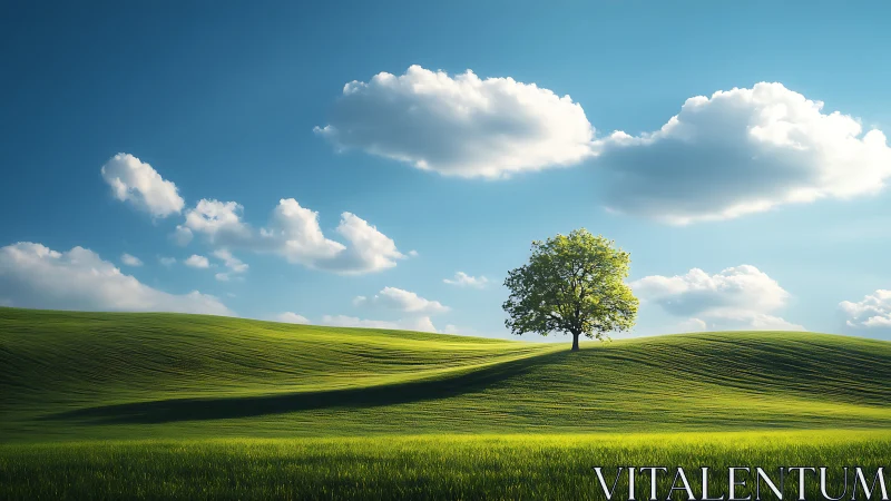 Solitary tree crowns sunlit rolling hill under clear sky