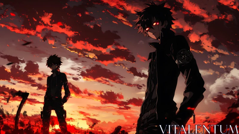 Dark anime warriors confront a burning crimson sunset sky