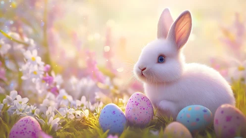 Pastel spring bunny beside colorful speckled eggs.