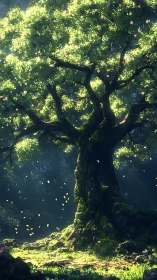 Ancient luminous tree glows softly in an enchanted forest clearing