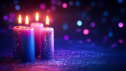 Neon candles glow amid glittering bokeh on violet surface.