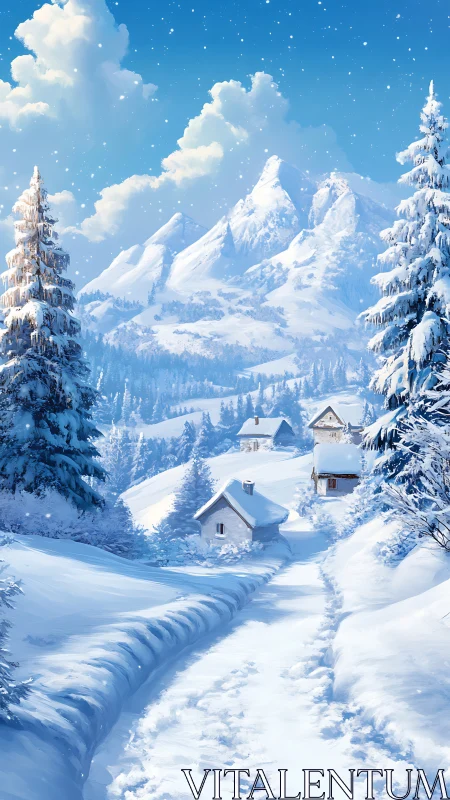 Snowy village path curls toward storybook winter peaks