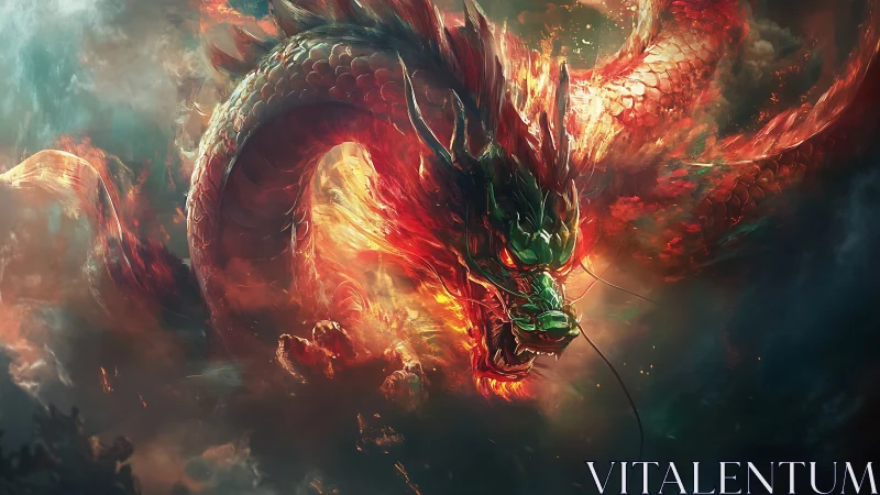 Flaming celestial dragon surges through stormlit cosmic clouds