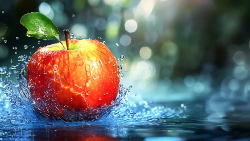 Red apple splashing in clear water with bright droplets.