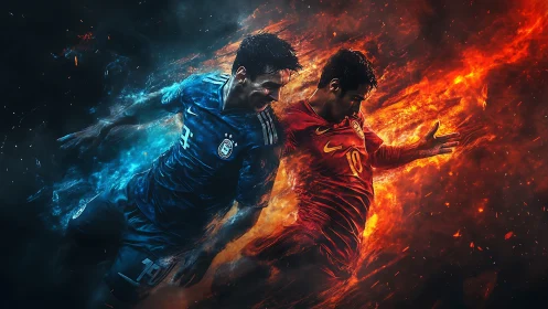 Fiery versus icy footballers collide in dynamic showdown.