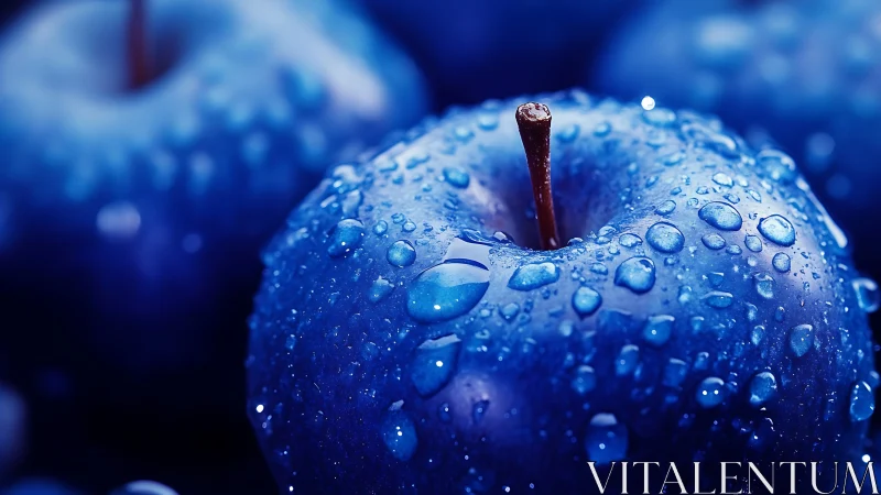 Blue apples in macro view with glistening water droplets.