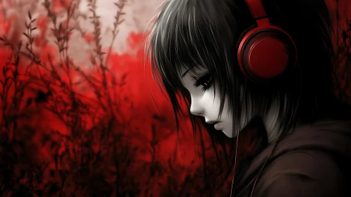 Melancholic anime girl with red headphones in dark field.