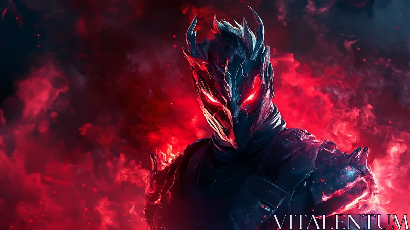 Infernal armored warrior emerges from crimson firestorm.