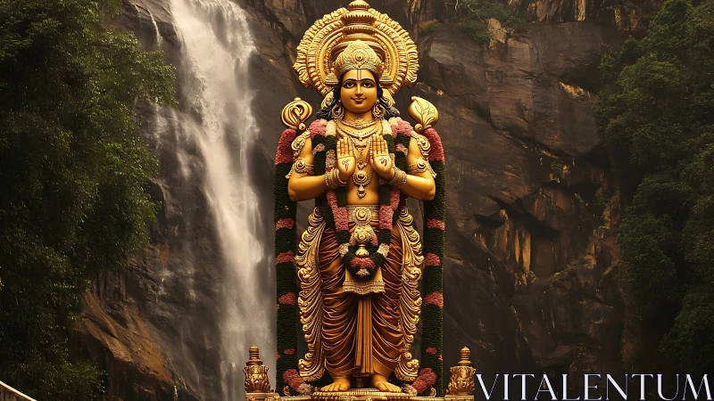 Golden forest goddess before roaring cliffside waterfall.