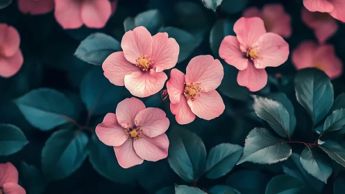 Soft Pink Blossoms Flourish Among Emerald Foliage.