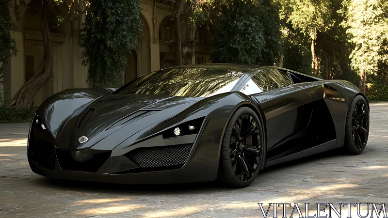 Sleek black supercar parked on sunlit stone driveway.