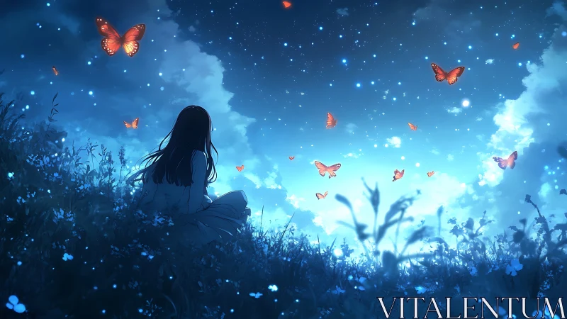 Nocturnal meadow observatory with luminescent butterflies.