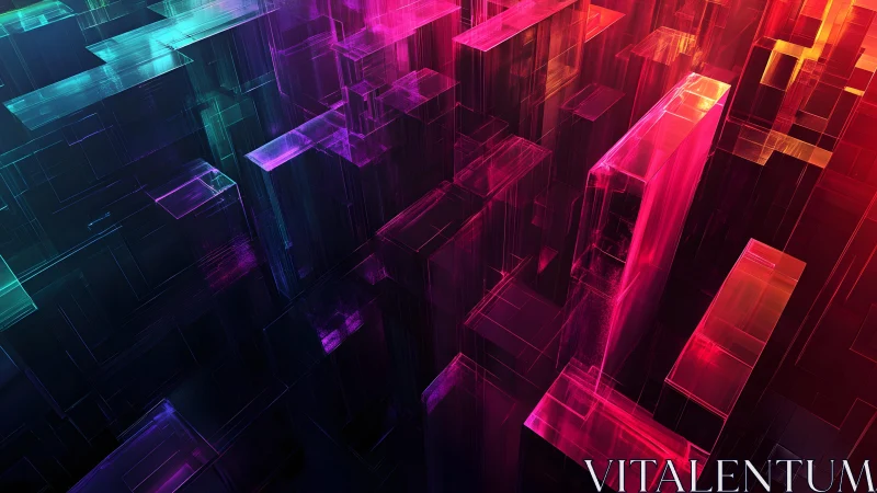Neon geometric cityscape with glowing 3D blocks, digital art style.