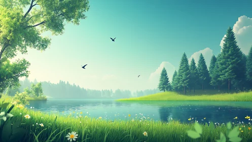 Serene evergreen lakeside under clear summer sky at dawn.