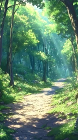 Forest pathway with filtered sunlight through tree canopy