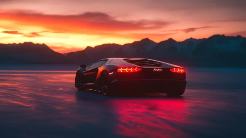Supercar silhouette on icy plain at vivid mountain sunset.