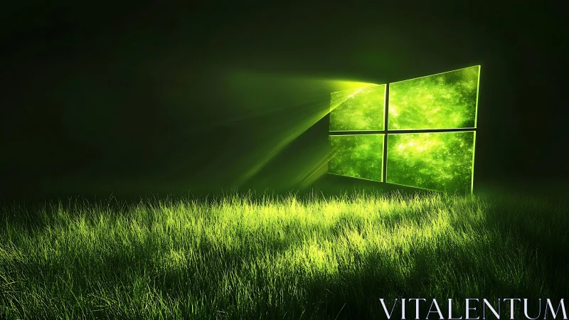 Luminous green window portal emits volumetric rays over wet grass