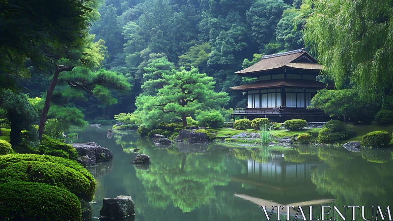 Serene Japanese lakeside pavilion rests in misty green forest