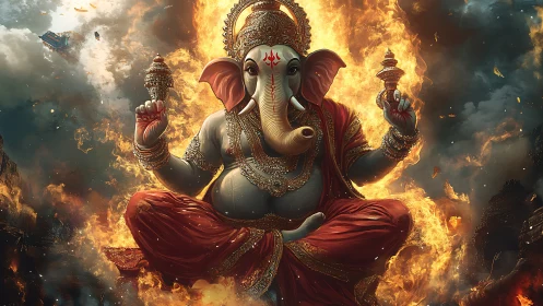 Radiant Ganesha seated in glowing flames of calm blessing.