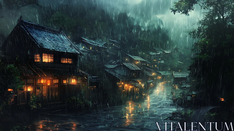 Rain-soaked mountain village street shows illuminated wooden houses
