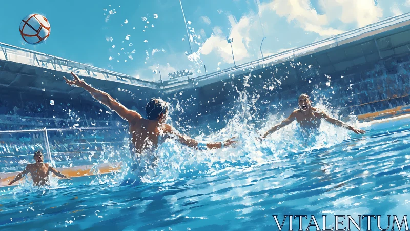 Swimmers leap toward a volleyball in a bright outdoor pool