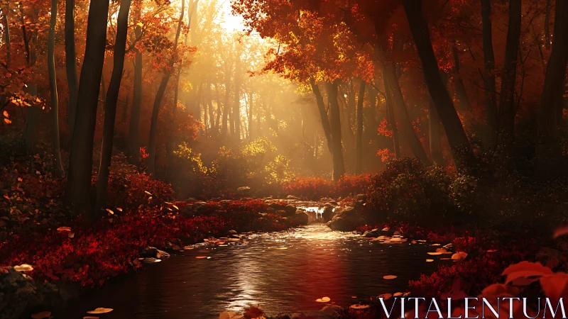 Autumn Forest Stream Bathed in Golden Sunlight