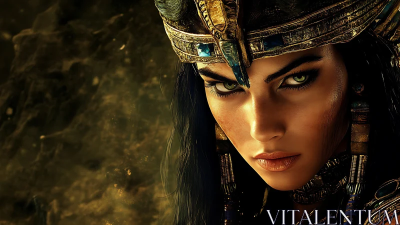 Intense queen portrait in ornate Egyptian style regalia.