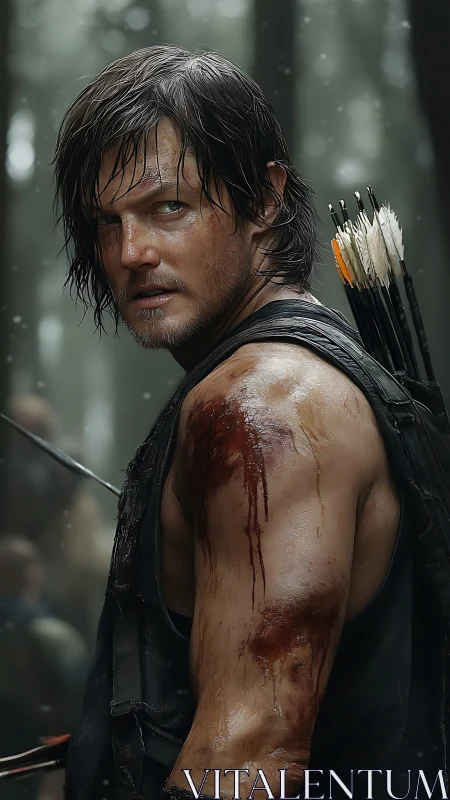 Bloodied archer survivor stalks misty forest trail.