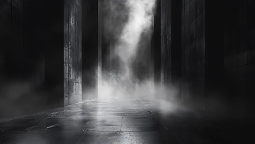 Misty stone corridor inviting quiet steps toward light.