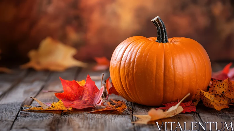 Photorealistic autumn pumpkin still life on rustic boards.