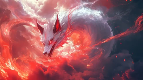 White vulpine head forms within swirling red cloud mass